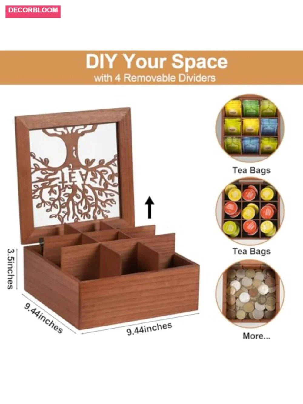 Wood Tea Box Organizer with Tree Pattern 9 Compartments Clear Lid